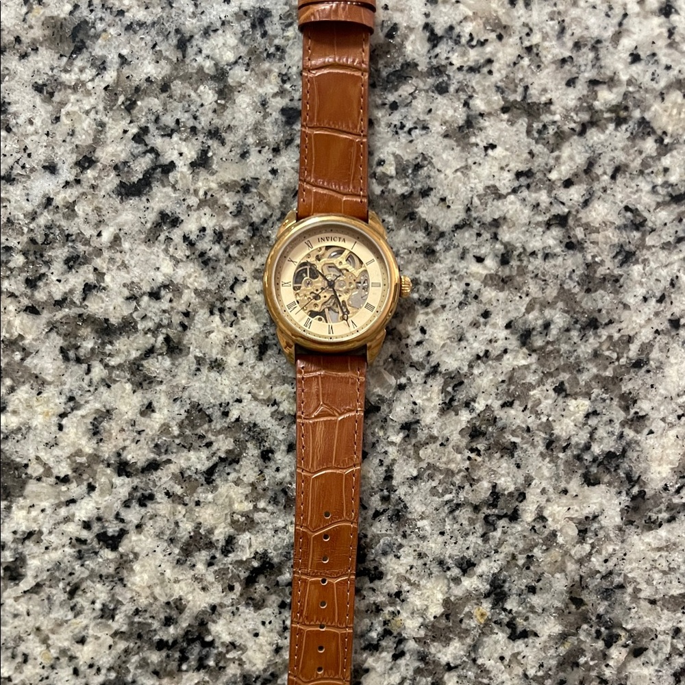 Invicta Gold Skeleton Dial Watch with Tan Leather Strap
